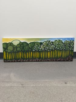 36”x12” Panoramic Forest Landscape Canvas Painting – Modern Wall Art