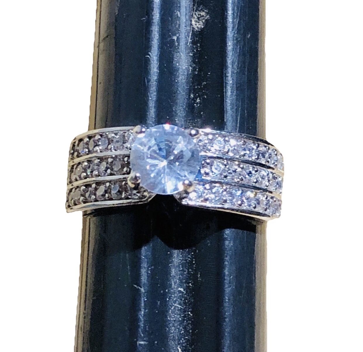 Moissanite Ring Round Solitaire With 3 Row Channel Set Accents Size 6.75 Sterling Silver