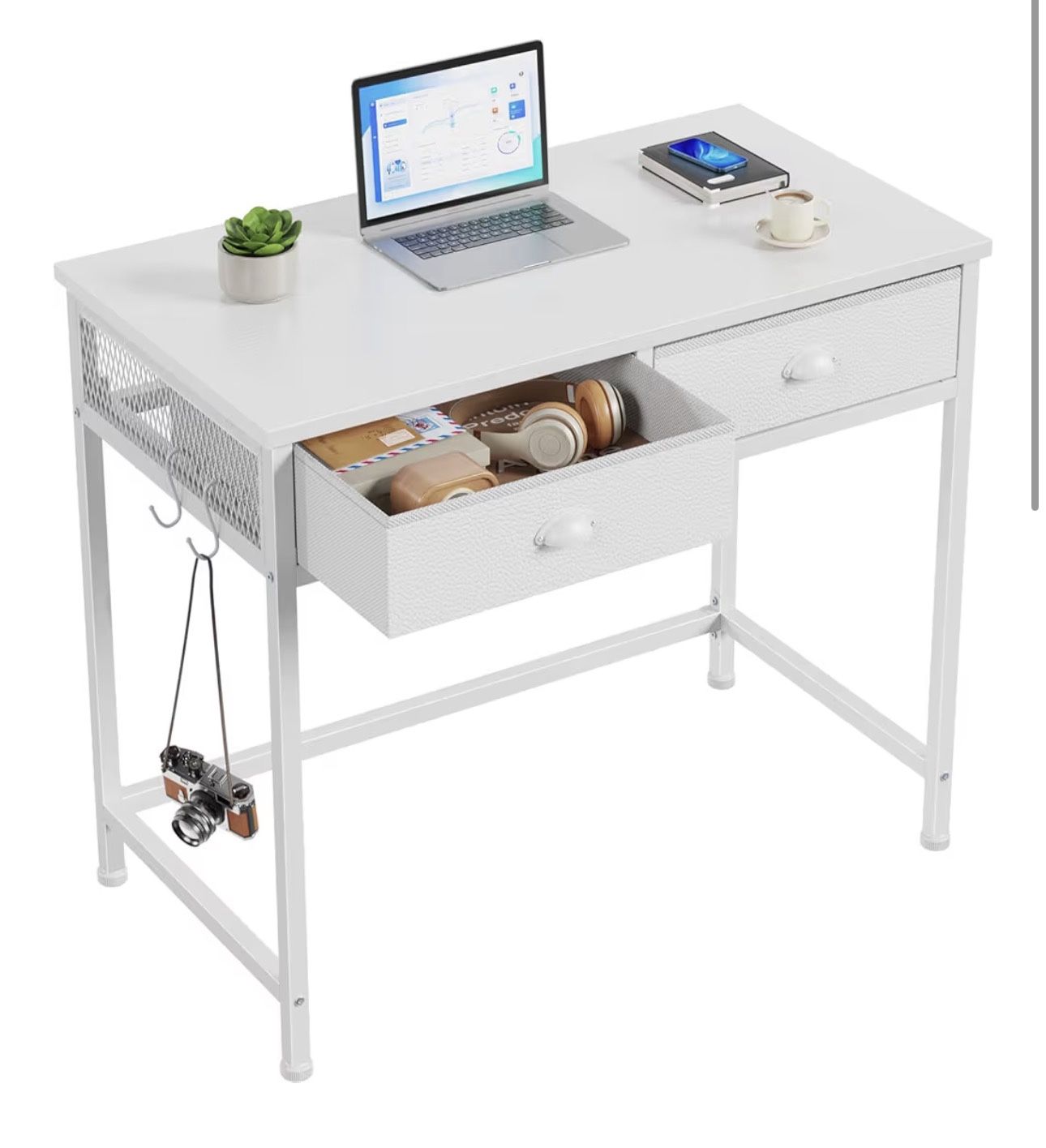 Furologee White Small Computer Desk with 2 Fabric Drawers
