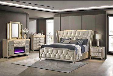Glam Tufted Bedroom Set with Fireplace Dresser- finance available $39 down