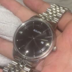 Bulova Classic Mens Diamond Accent Silver Tone Stainless Steel Bracelet Watch 96d151