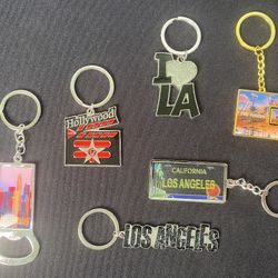 Set of 6 Key Chains Los Angeles California License Plate I Love LA Hollywood Downtown Bottle Opener Palm Trees Souvenirs (Brand New)