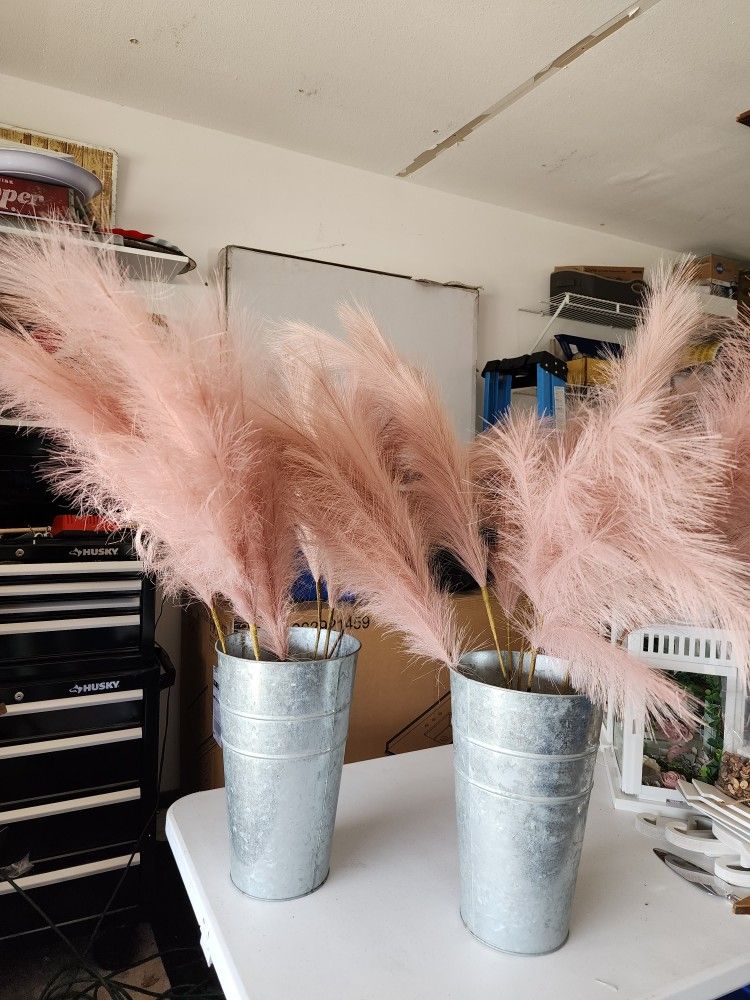 Set Of 2 Wedding Galvanized Vases With Pompas