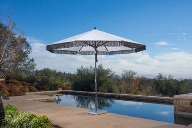 10ft Cabana Fringe Market Umbrella Black/White- NEW OPEN BOX