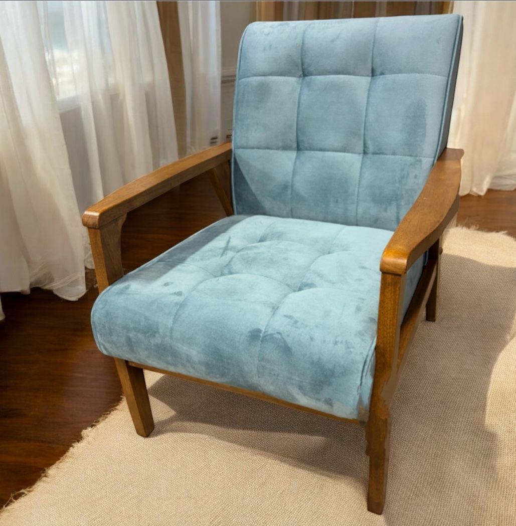 New Light Blue and Walnut Mid Century Modern Accent Chairs