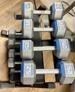 In NEW Condition Set Of Cast Iron Hex Dumbbells 5s, 12s, 20s 25s  And  30s. Total: 184 lbs [ RACK NOT INCLUDED]