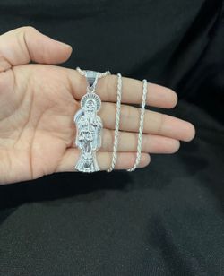 Sterling Silver 925 Mens Santa Muerte Grim Reaper Pendant & Rope Chain