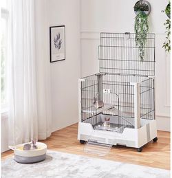 30" Small Animal Cage 2- Level Open Top Rabbit Cage on Wheels with PullOut Tray for Guinea Pig, Ferret, Chinchilla, Kitten, Bunny Small Animal Hutch, 