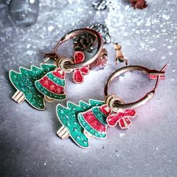 Vintage Christmas Tree, Bell, and Bow Charm Earrings