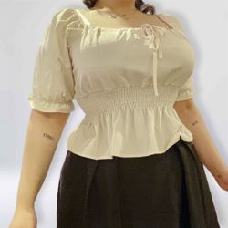 Puff Sleeve Babydoll French Cream Cottagecore Waist Cinching Women's Blouse