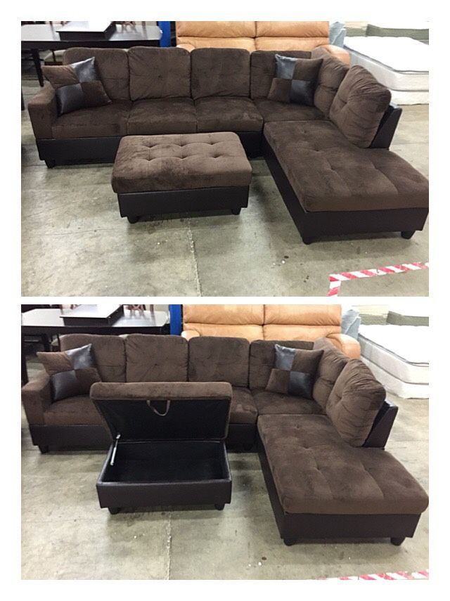 Brown Microfiber Sectional Couch And Ottoman