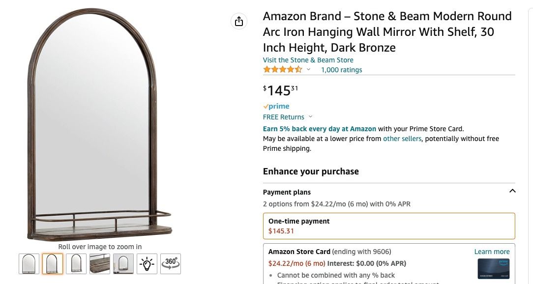 Round Arc Iron Hanging Wall Mirror With Shelf, 30 Inch Height NEW IN BOX