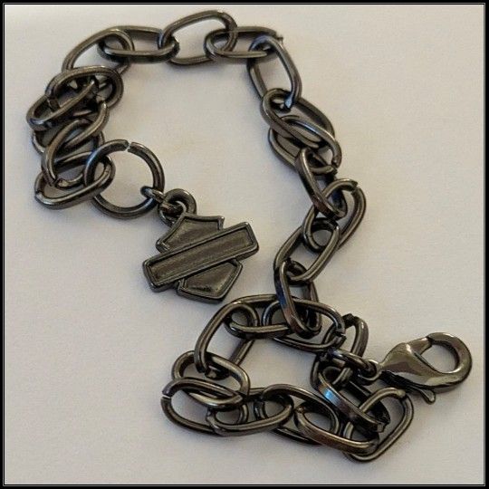 Harley Davidson Mini Bar & Shield Charm Bracelet Gunmetal Gray Stainless Steel Chain