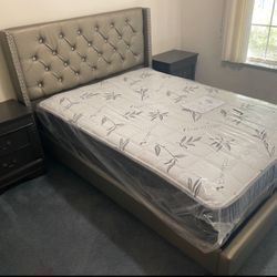 Full Size New Bed With Mattress And Two Gray Nightstands. 