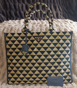Lightly Loved...Perfect Condition Authentic PRADA Black And Tan Triangle Jacquard Tote ASKING $750