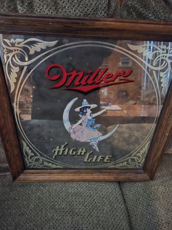 Framed 1980s Miller High Life Mirrored Sign 
