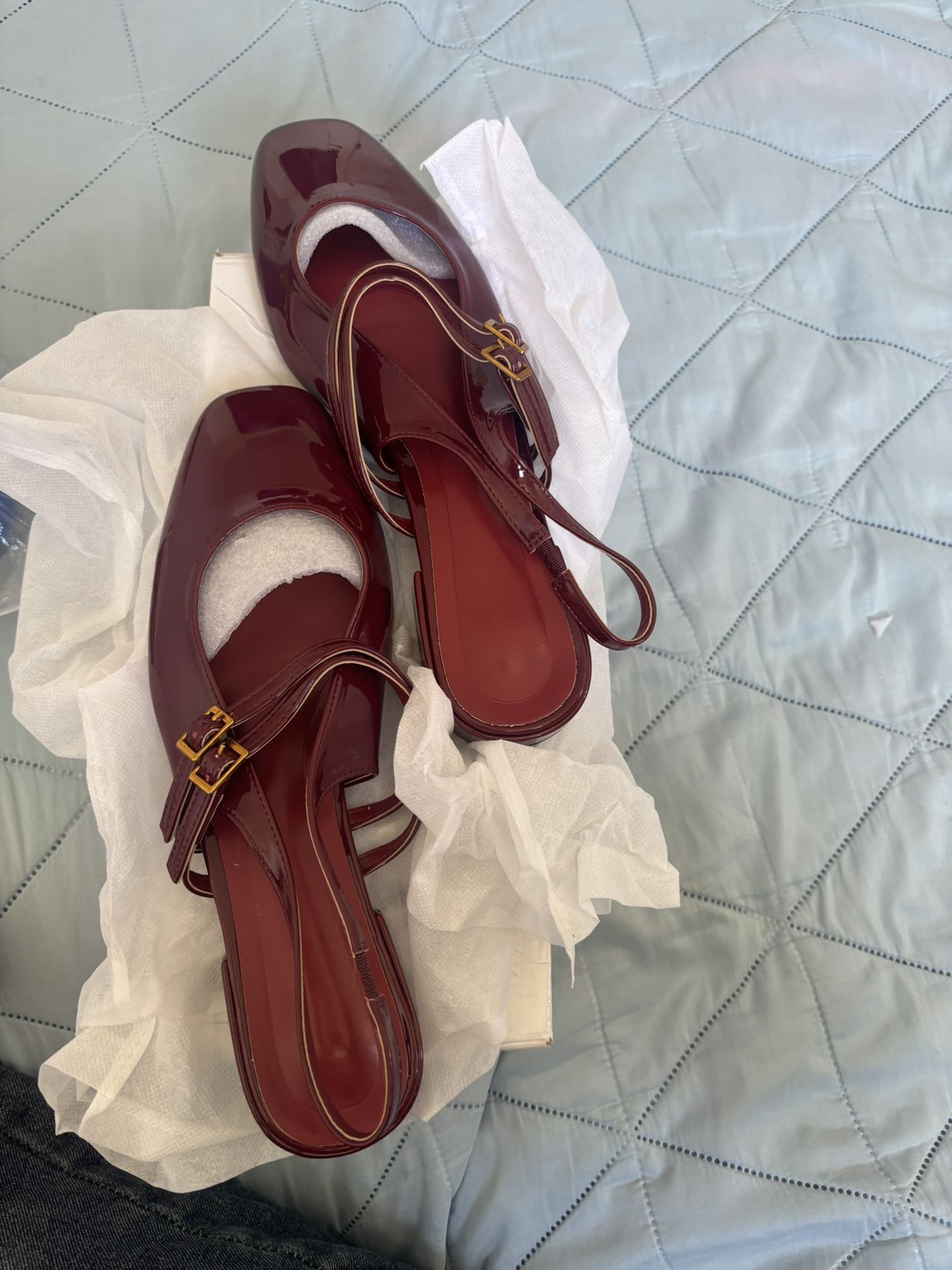 Burgundy Patent Leather Square Toe Bow Decor Strap Chunky Heel Sandals, Casual & Commuting