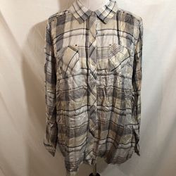 Christopher & Banks Gray & Beige Plaid Long Sleeve Button Up - Womens XL, NWT, bust 22.5”