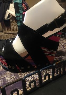 Betsey Johnson Black Suede Wedges with Patterned Heels - Size 6