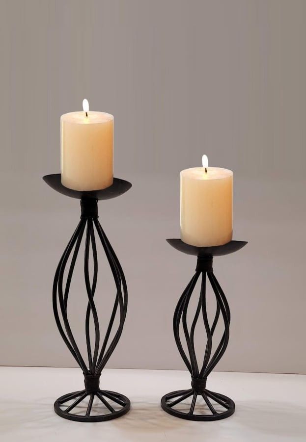 (Set of 2) Modern Black Metal Pillar Candlestick Holders (Candles not included)