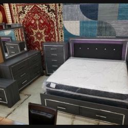 Brand New👉 Gray Full LED Headboard Lodanna 6 Pc Queen Bedroom Set With Storage💥 Financing Options💯 Fastest Delivery 🚚 