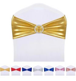 LEBENGURU Metallic Gold Spandex Chair Sashes-50pcs Premium Stretch Bows With Buckle Slider, Universal Elastic Chair Bands For Wedding Party Banquet De