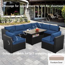 NEW🔥Outdoor Patio Furniture 9 Pc Black Wicker With Blue Non Slip 4" Cushions And Cover!