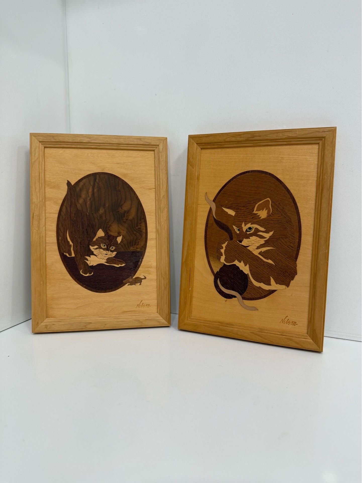 Vintage Hudson River Inlay wood marquetry art set of 2