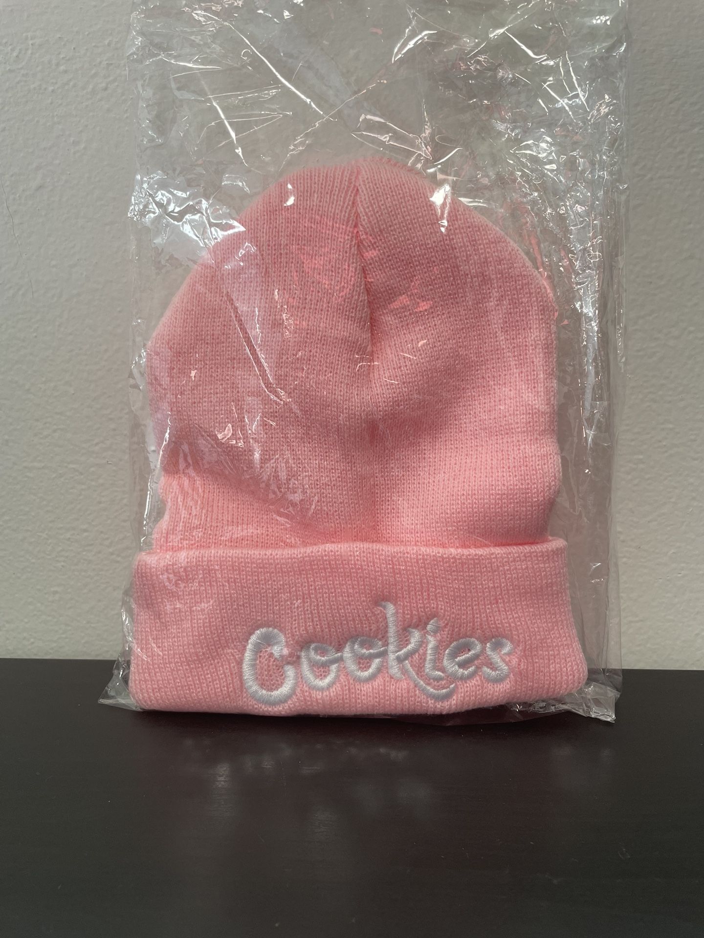 Cookies Embroidered Beanie - NEW - Pink & White - Unisex Rolled-Edge Knitted Hat