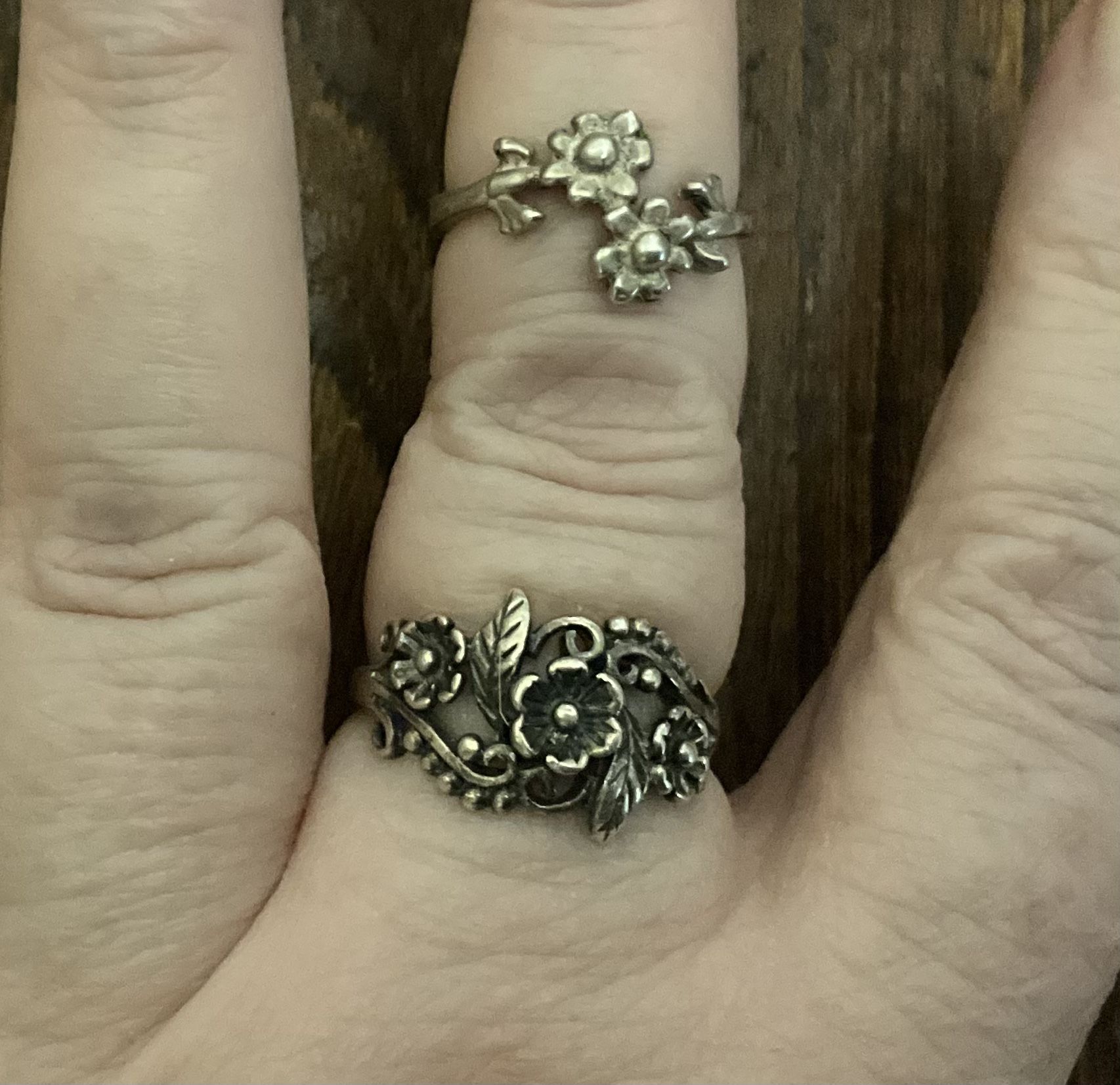 Two Sterling Silver Flower Rings Size 7.5 And Size 6