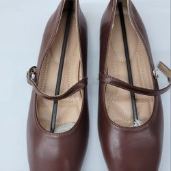 Annas Shoes Brown Faux Leather Mary Jane Low-Heels Stylish Comfortable Flat with a Square Toe Cute Dress Wedding Shoes Size 8.5/9