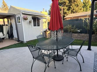 Green Heavy Duty Metal Patio Dining Set with 4 Chairs and Red Umbrella