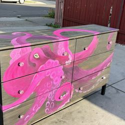 Retro modern Solid oak wood 6 Drawer wood dresser with Hand painted sea octopus 🐙