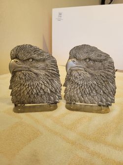 Vintage Pair Metzke Eagle Head Bookends Pewter USA Made 