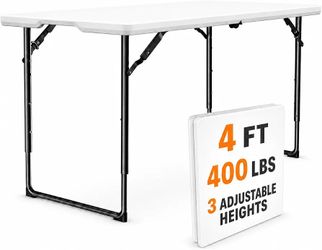 4 ft (about 1.2 m) folding table with adjustable height, heavy folding semi-plastic table with steel legs and handle, portable for indoors, outdoor, p
