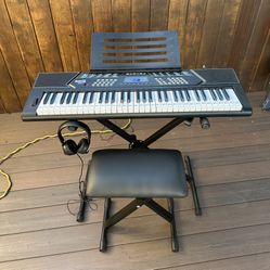 RockJam 61 Key Keyboard Piano Stand With Pitch Bend Kit, Piano Bench, Headphones, Simply Piano App & Keynote Stickers