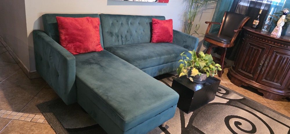 Turquoise Velvet Sectional Sofa With Storage Under The Chaise Reversible Chaise To Any Side Moving Can't Take It