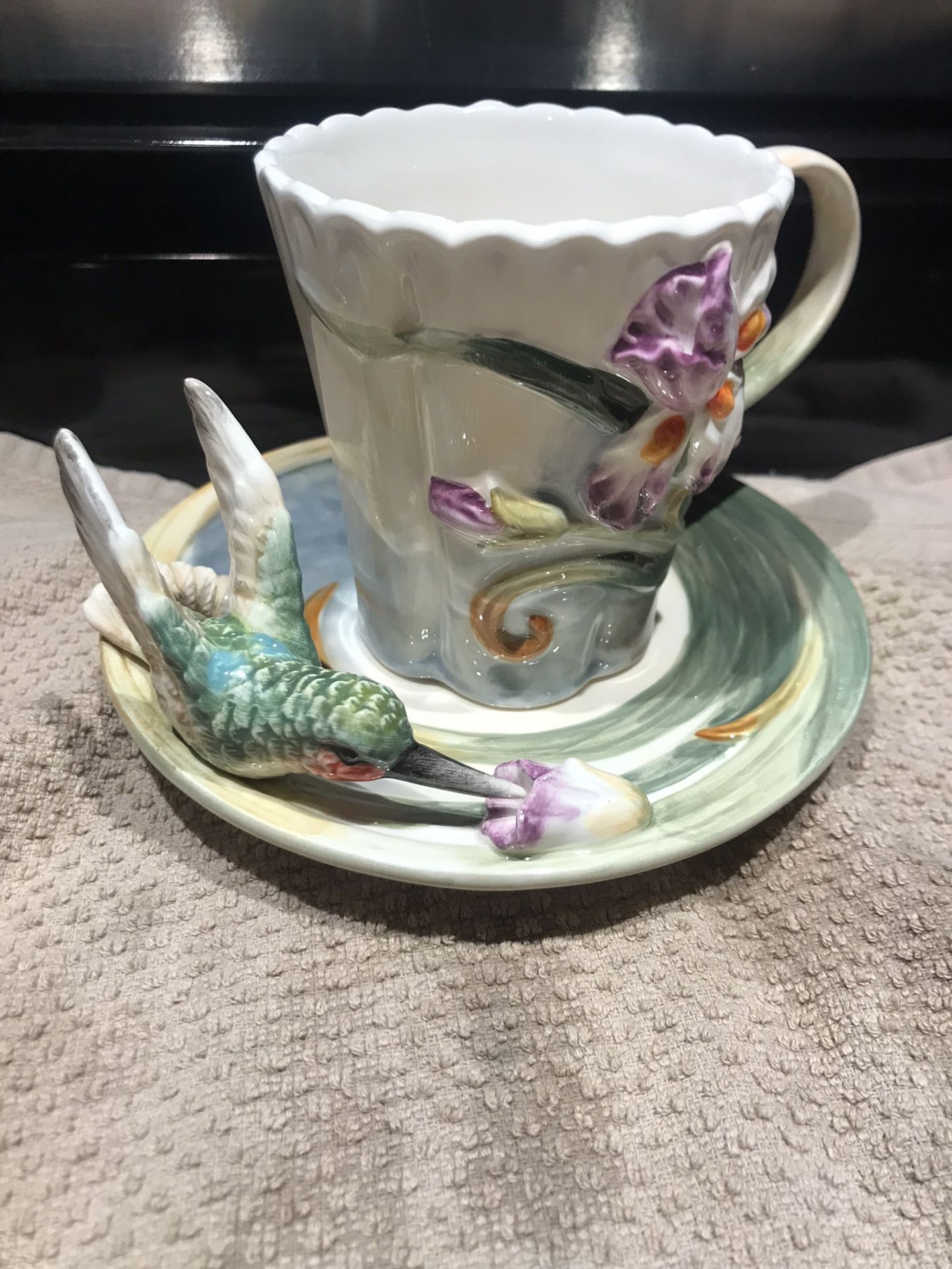 Botanical Collection By Ruby Humming Bird Tea Cup Spoon & Saucer Hand Painted