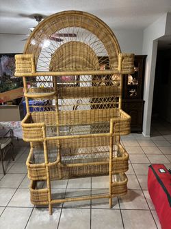large 1970s arched rattan and wicker étagère