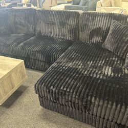 Black Corduroy Modular Sectional With USB Ports