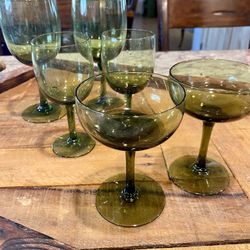 Set of  6 Vintage Olive Glassware