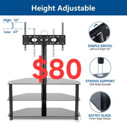 Corner Swivel Glass TV Stand with Mount for 32-70 Inch Screen TV up to 110lbs, Height Adjustable Corner TV Stand with Mount, Entertainment Center