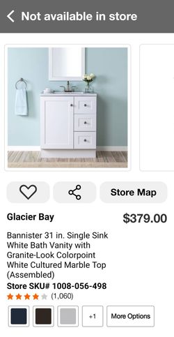 BRAND NEW NIB SEALED Glacier Bay Bannister 31 in. Single Sink White Bath Vanity with Granite-Look Colorpoint White Cultured Marble Top (Assembled)