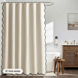 Long Scalloped Shower Curtain Linen Textured with 12 Hooks Heavy Duty Washable Waterproof C