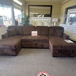 Brand New Gray/beige/brown/black Corduroy Sleeper Sofa With 2 Storage Chaise