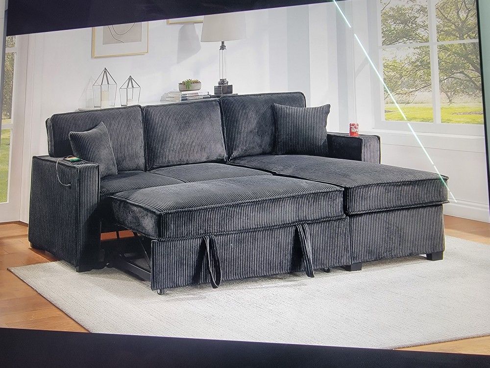 New Sleeper Sectional In Black Corduroy