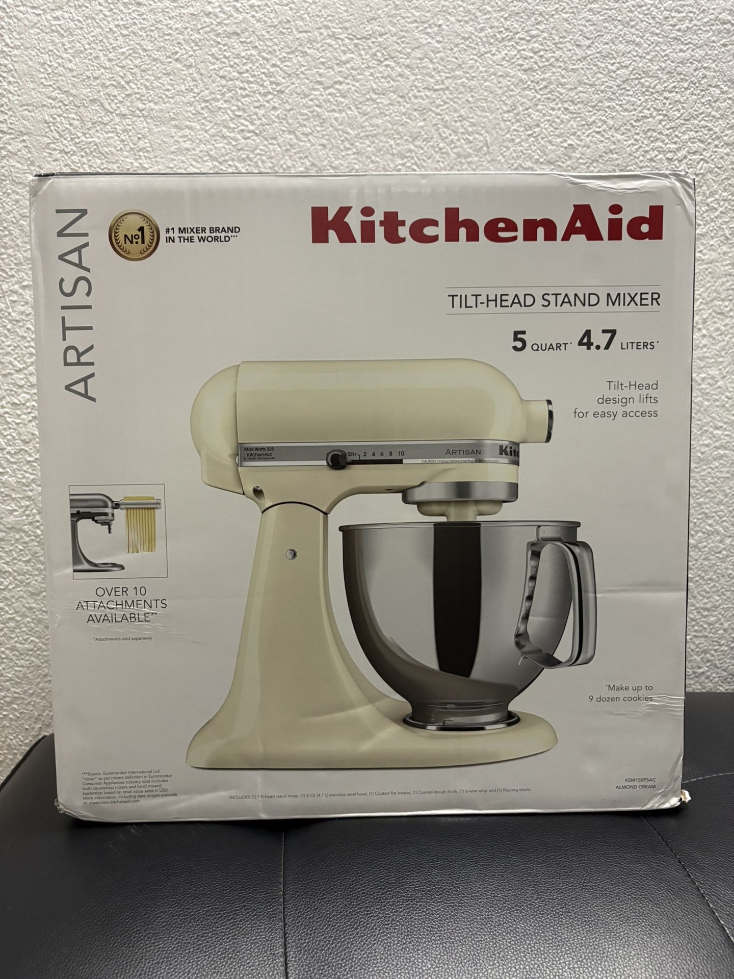 Brand New KitchenAid Artisan Series 5-Quart Tilt-Head Stand Mixer, Almond Cream with Flat Beater, Dough Hook, Whip
