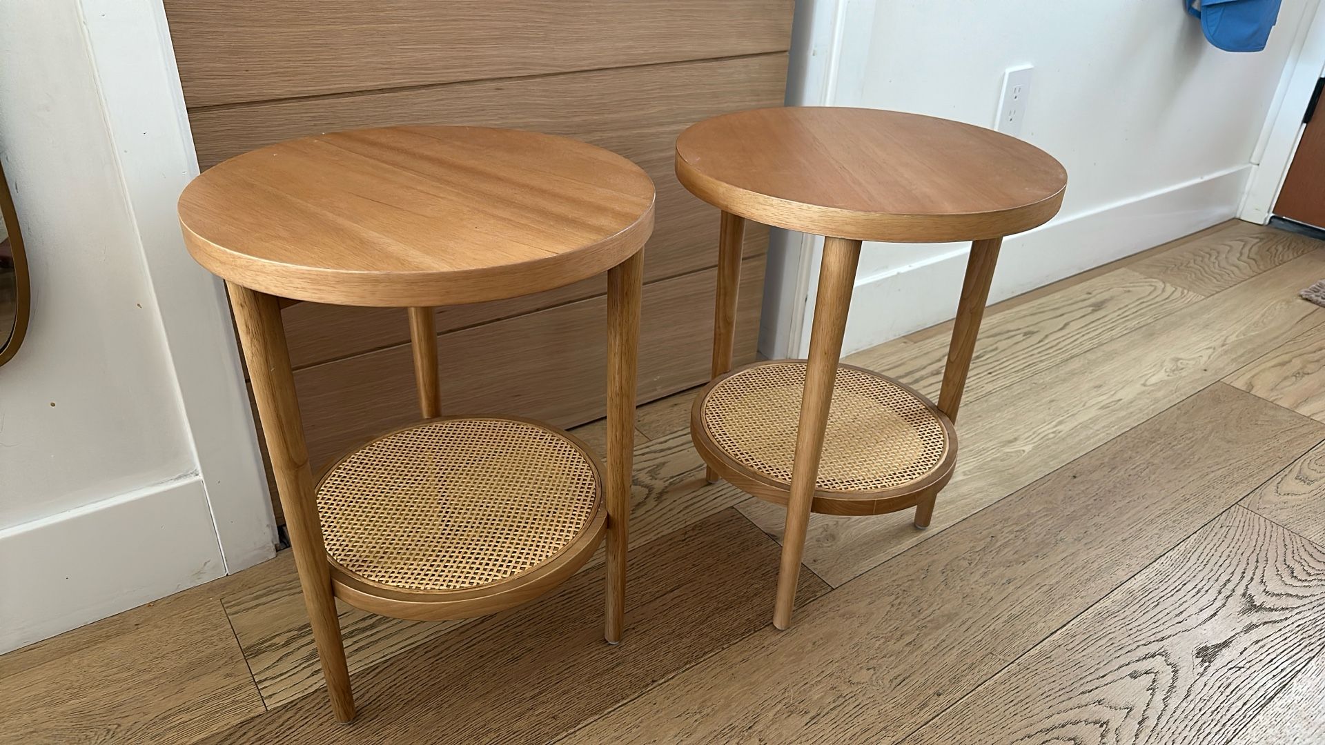 Nathan James Sonia Boho Round Accent End Table, Natural Sofa Side Table in Light Wood with Rattan Storage Shelf for Living Room, Bedroom or Nursery,