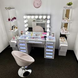 Glam Make Up Vanity- Bluetooth ,RGB Lights, Power Outlet