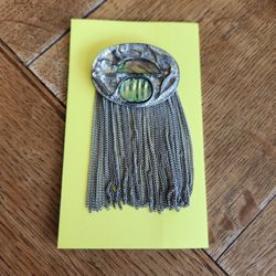Vintage 3.5" Art Deco Style Abalone Silver Fringe Tassel Rhinestone Pin Brooch